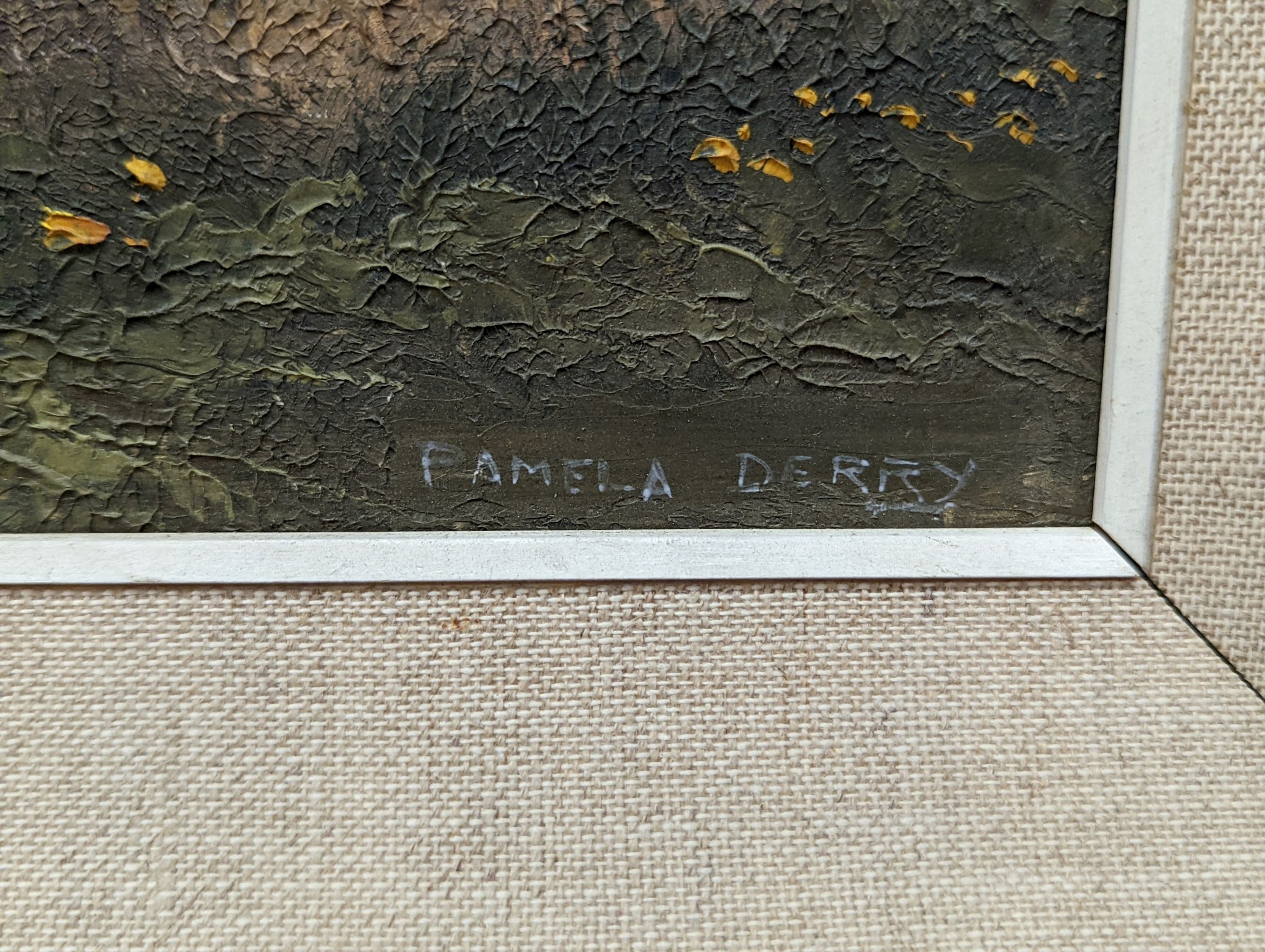 Pamela Derry (1932-2002), oil on board, Field side landscape, signed, 21 x 34cm